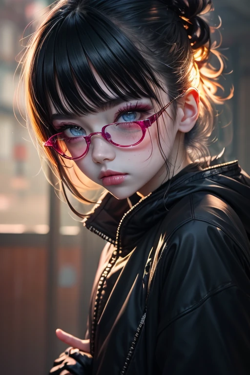 upper body, 1girl, loli, solo, Eye focus,Masterfully crafted Glow, pink lens flare, Cinematic background,colourful, hyper details, hdr, ultra detailed eyes, mature, plump, rainbow painting drops,(supermodel:1.3), indoors, (bioluminescent hair:1.1),(glowing eyes),  ((makeup)), fierce, powerful, splashes of colour absolutely eye-catching, dynamic angle, beautiful detailed glow, ambient occlusion, ambient light, raytraced reflections, retro style, living arcade characters, arcade style world, gloves, jacket,weapon, shorts, black gloves, black jacket, drill hair, black shorts, eye wear on head, bubble blowing, chewing gum, (Cute face:1.3),