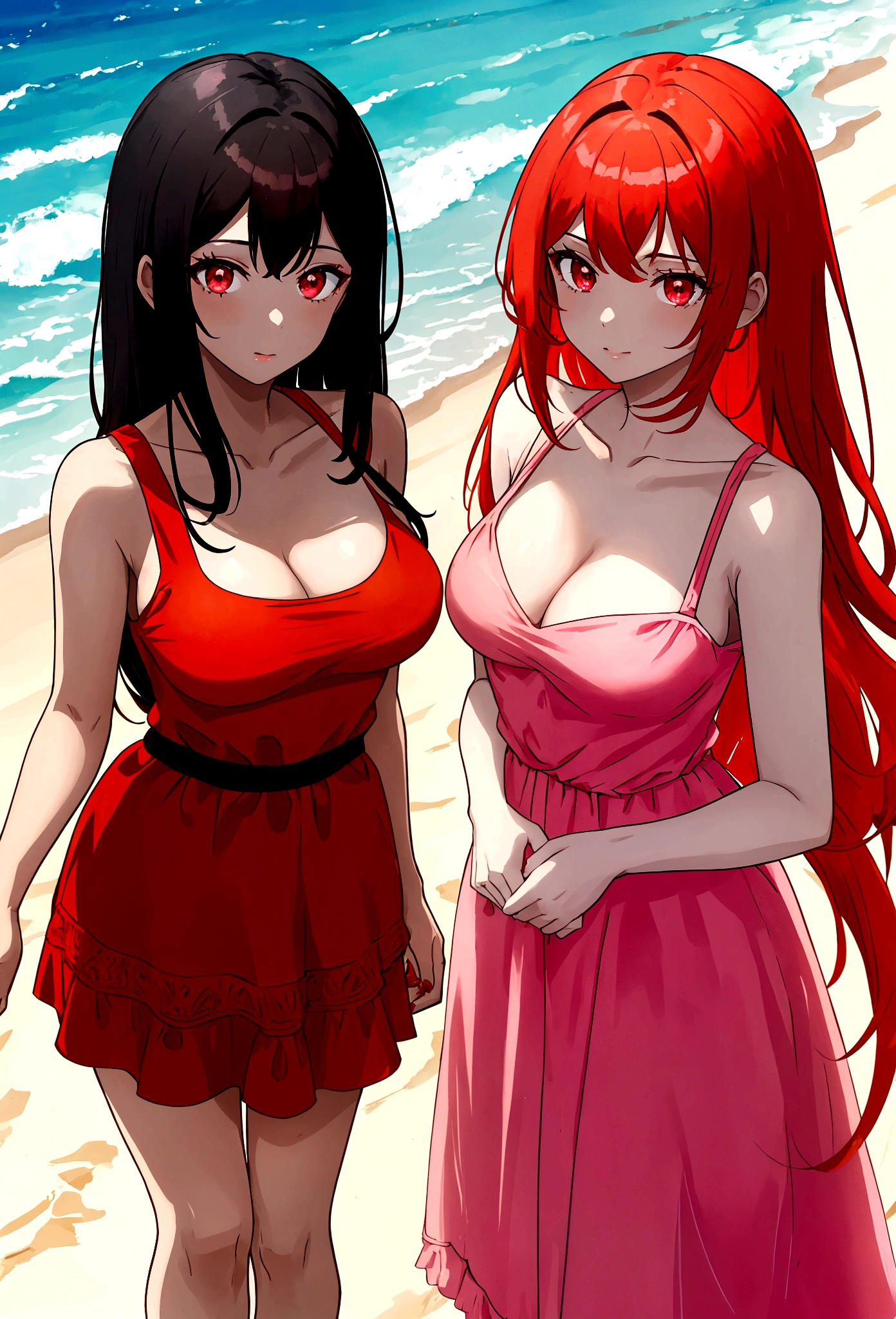 two women on the beach. The first woman has black hair and red eyes and wears a red beach dress, while the second woman has orange hair and pink eyes and wears a pink beach dress.  