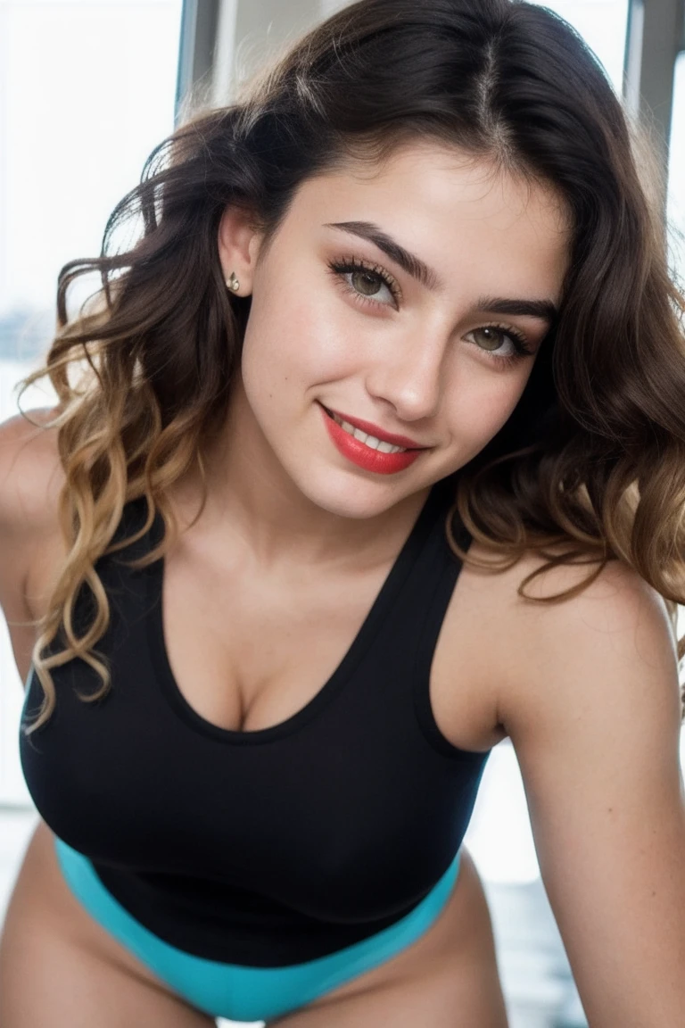 Beautiful 19 year old, girl Spanish, instagram model, looks like ana de armas, big red lips, big beatiful shiny light green eyes, big eyelashes and big natural eyebrows, tall atlethic, latina kind of body full body, big breast, innocent and playfull attitude, smile with closed mouth, snub nose, long curly blond hair, realistic skin texture, boho-chic, working out in the gym, full body, highly detailed