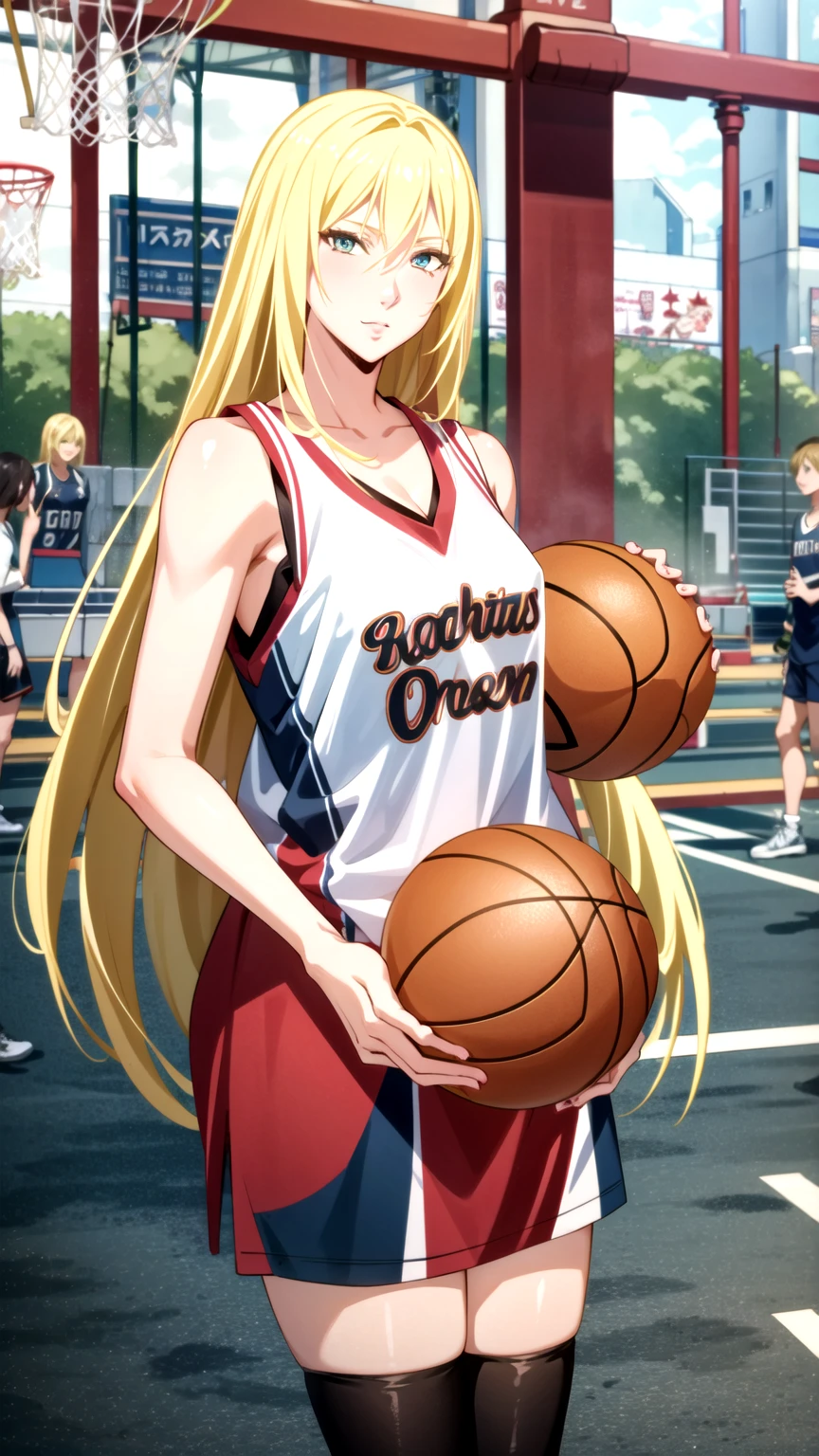 Masterpiece, best quality, very detailed, Ultra high resolution, (photorealistic:1.4), raw photos, (realistic:0.2), 1 girl, alone, long hair,,8k hdr, 1 girl,Blonde hair, medium-large breast, bright eyes, holding a basketball, medium-small breasts,Wear a basketball shirt , Basketball courts