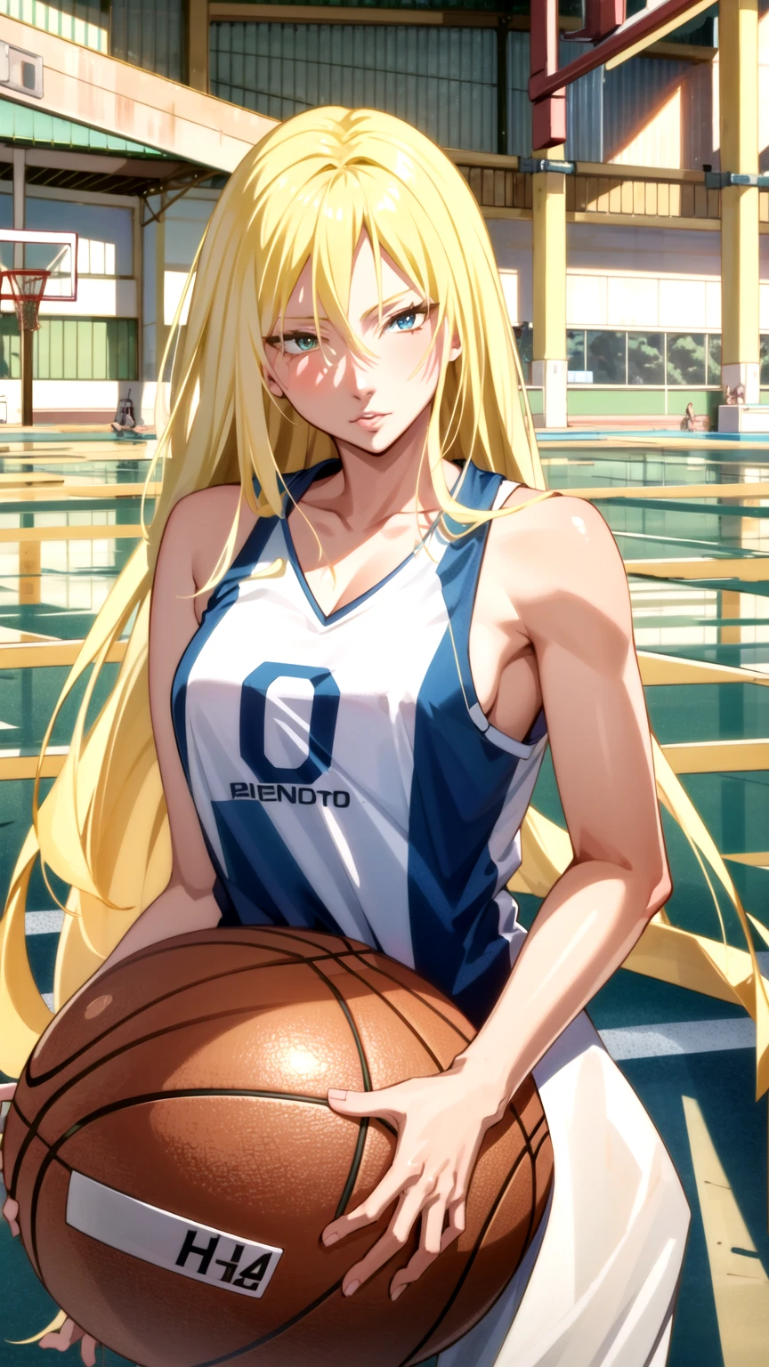 Masterpiece, best quality, very detailed, Ultra high resolution, (photorealistic:1.4), raw photos, (realistic:0.2), 1 girl, alone, long hair,,8k hdr, 1 girl,Blonde hair,  medium-large breast, bright eyes, holding a basketball, medium-small breasts,Wear a basketball shirt , Basketball courts