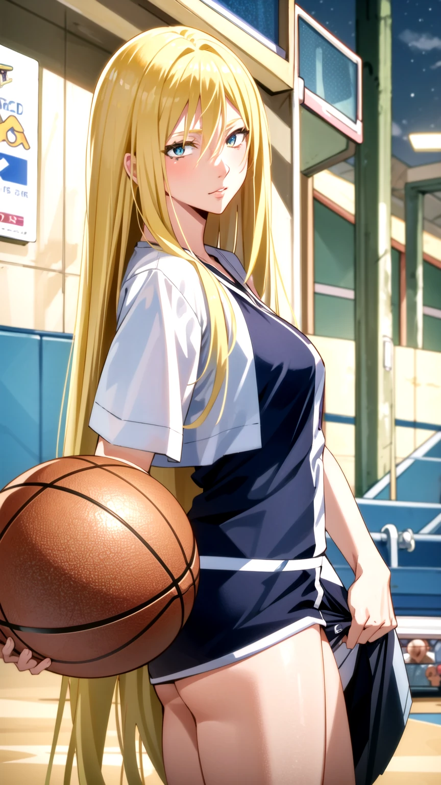 Masterpiece, best quality, very detailed, Ultra high resolution, (photorealistic:1.4), raw photos, (realistic:0.2), 1 girl, alone, long hair,,8k hdr, 1 girl,Blonde hair,  medium-large breast, bright eyes, holding a basketball, medium-small breasts,Wear a basketball shirt , Basketball courts