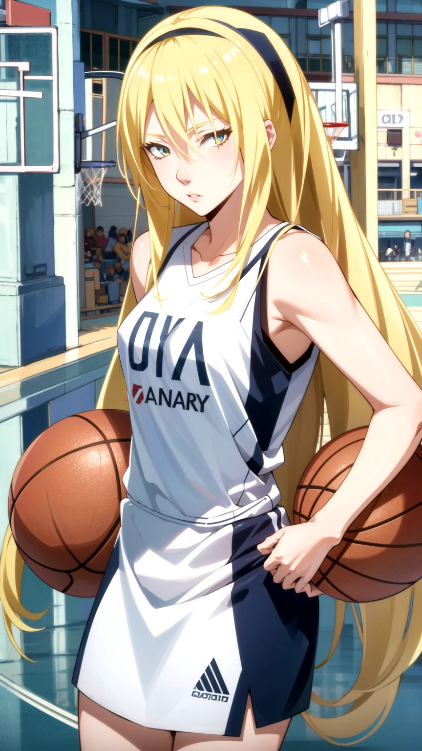 Masterpiece, best quality, very detailed, Ultra high resolution, (photorealistic:1.4), raw photos, (realistic:0.2), 1 girl, alone, long hair,,8k hdr, 1 girl,Blonde hair,  medium-large breast, bright eyes, holding a basketball, medium-small breasts,Wear a basketball shirt , Basketball courts