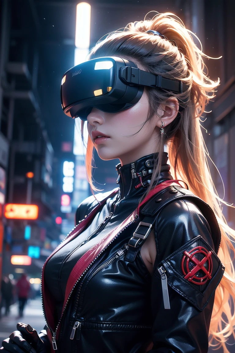 ((best quality)), ((masterpiece)), (detailed), (((perfect face))), 8k, (((hot cyborg robot human curvy asian girl))), (((there is a cyberpunk night city in the background))), ((sexy red latex lingerie)), (((detailed face))), perfect body, ((good anatomy)), (((big tits))), ((blonde long hair))), (((her eyes are covered by a black carbon VR Gaming Headset))), blonde