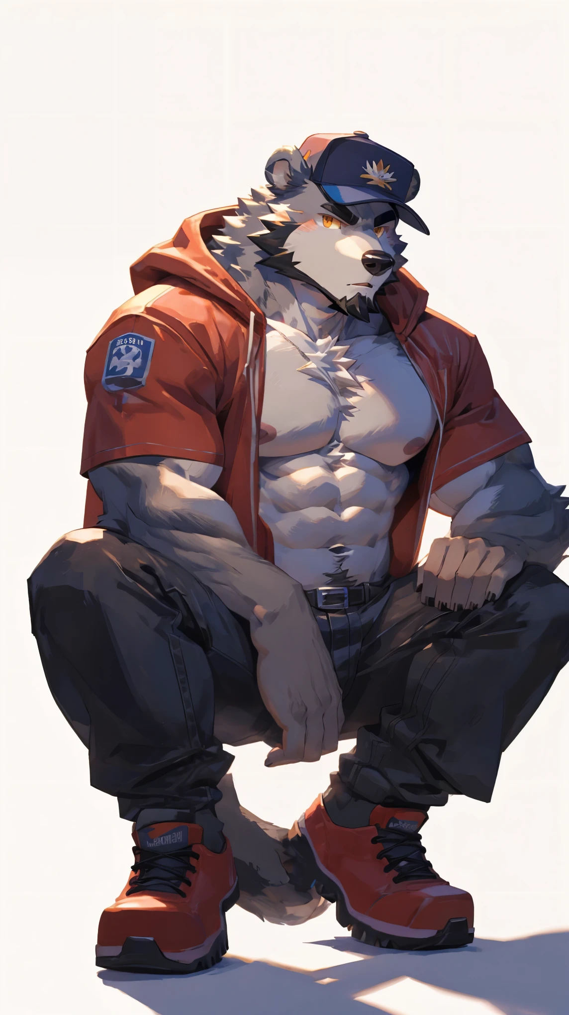 masterpiece:1.2), best quality,pixiv,official art,perfect anatomy, (Ray tracing, light),solo, (1_male:1.3) , (muscle), (grey fur:1.4), (muscle bear), (beard:1.2), (gleaming golden eyes), bear tail, full body, Thick black eyebrows, baseball cap, (open short hoodie), (naked inside),Ripped short jeans, black short boots, (pure white background: 1.3)