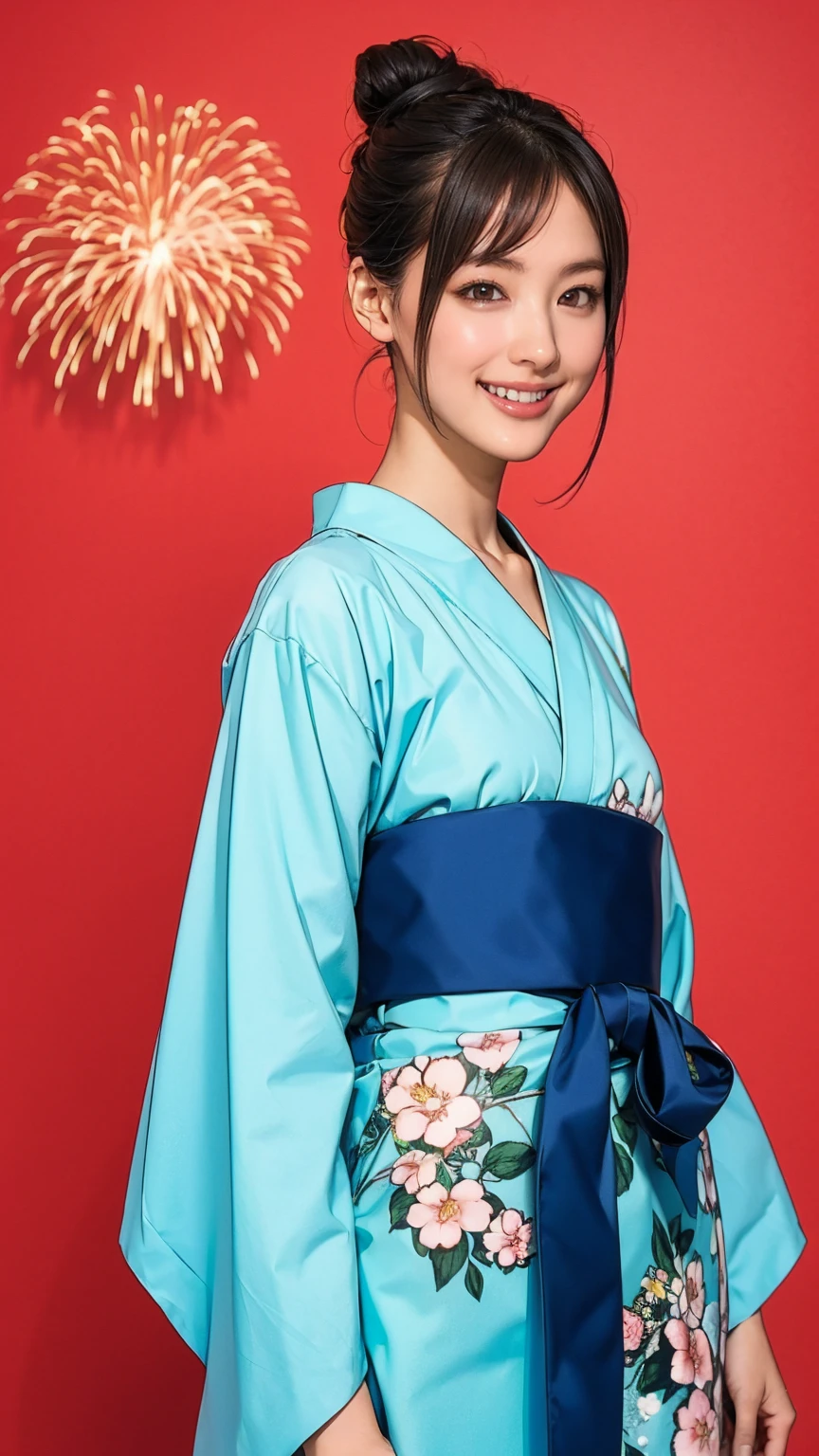 ((masterpiece)),(((Highest quality))),((Character design sheet)),A Japanese yukata with a bright floral and flower pattern in a combination of light blue and navy blue.:1.5，Stylish sandals:1.5，The best smile:1.5，Upper Body Shot:1.5，Night fireworks background:1.5，Flashy makeup with red eyeshadow:1.5，Bun Hair:1.5，