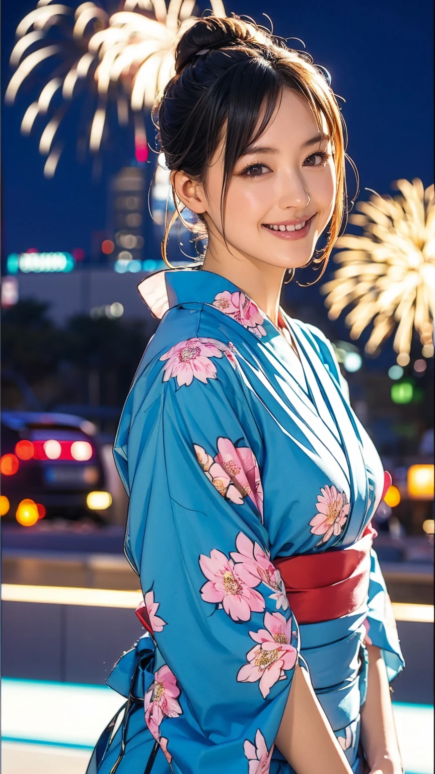 ((masterpiece)),(((Highest quality))),((Character design sheet)),A Japanese yukata with a bright floral and flower pattern in a combination of light blue and navy blue.:1.tylish sandals:1.5,The best smile:1.5,Upper Body Shot:1.5,Night fireworks background:1.5,Flashy makeup with red eyeshadow:1.5,Bun Hair:1.5,