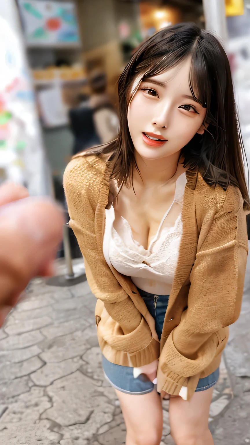 (8K、Raw photo、Highest quality、masterpiece:1.2)、(Realistic、Photorealistic:1.37)、Ultra-detailed、Ultra-high resolution、Beautiful and well-proportioned face,Asian、She has a dildo、Feeling face、Brown long curly hair、Lip gloss（Wet lips、Beautifully detailed skin、Skin Texture、Professional Lighting、Cardigan that accentuates the chest、Denim Skinny、Full body shot、whole body