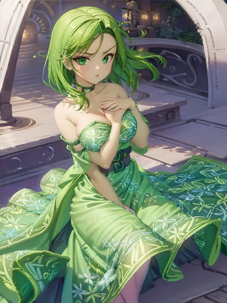 1girl, solo, beautiful girl, green skin, green eyes, big eyes, long eyelashes, green hair, short hair, shiny hair, medium breasts, green dress, strapless dress, floral print dress, green belt, purple scarf, green leggins, looking at viewer, bare arms, bare shoulders, disgust face, narrow waist, big butt, violet lips, lip gloss, perfect hands, perfect anatomy, dress pull, breasts slip, nipple slip, puffy nipples, topless,