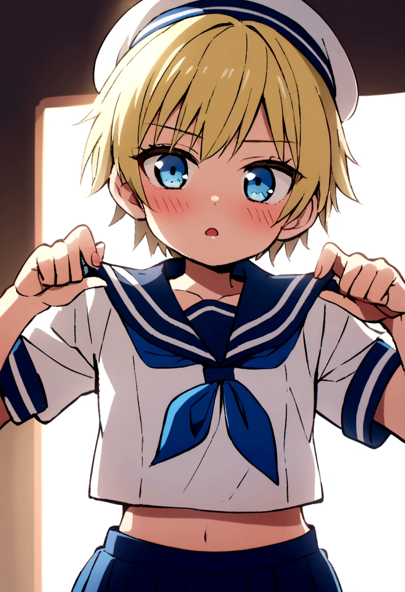 Blonde,wolf cut. Shota, sailor suit, sailor hat, blue eyes, tomboy, Naughty, 