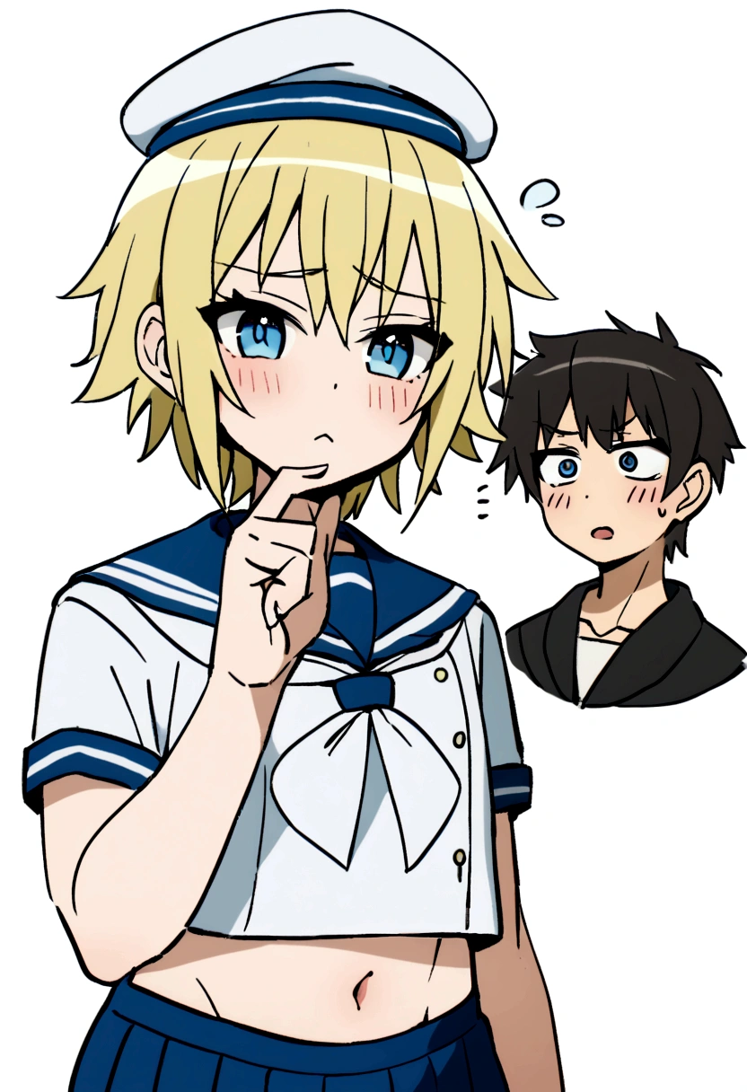 Blonde,wolf cut. Shota, sailor suit, sailor hat, blue eyes, tomboy, Naughty, 