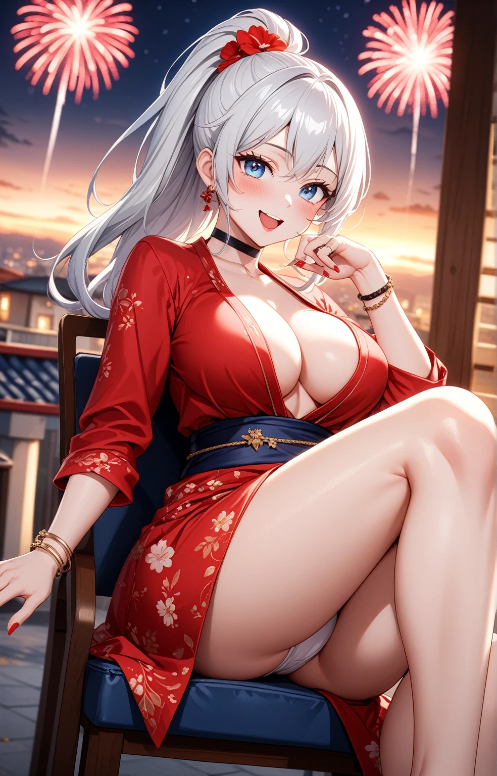 ((One personの女性)), Beautiful Face,Laughing embarrassedly,((Wink:1.7)), ((Sit on a chair)), ((Put one foot on the chair:1.3)),  (showing panties:1.3), (half undress:1.3), Laugh with your mouth wide open,((Bright red cheeks:1.4)),Shiny red lips,night,rooftop,You can see the ocean, firework,Laughing with your mouth open,Facial Lighting,((Anime style background)),masterpiece, Highest quality, so beautiful,Latest, Complex details, (Pink long nails), (ring),(bracelet),(choker),AI-generated, Complex,High resolution, Highest quality, super high quality,3D Images、3D Images,One person,Long white hair,High Ponytail,(blue eyes),Anime woman posing for a photo, ((fine grain、Silver-white colorful eyes、Shining Eyes:1.4)),(Squint your eyes:1.1),a hyperRealistic , hyperRealistic , Realistic,Long white hairのアニメ女性, Smooth anime CG art, A woman in a colorful kimono with gold embroidery, (Black long sleeve kimono),Red floral pattern,Long flower hair ornament,Floral Earrings,Mature Body,(Big Breasts:1.1),Tall,Abdominal muscles,Tight waist,(Zoom up to face:1.5),Photographed from the front, (from side),