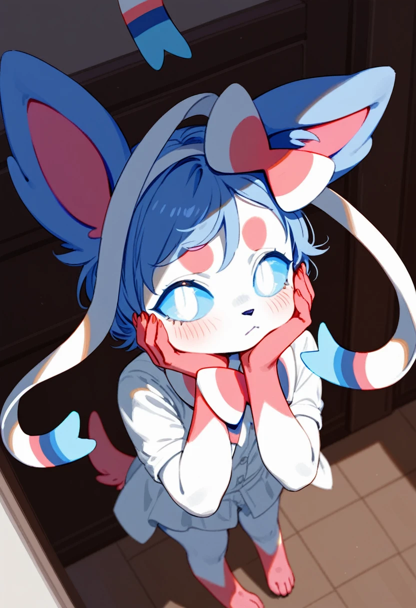 Alone, score_9,score_8_above,score_7_above, a female antro sylveon, calvo, blue sclera, white eyes, inside, shy pose, hands to his face