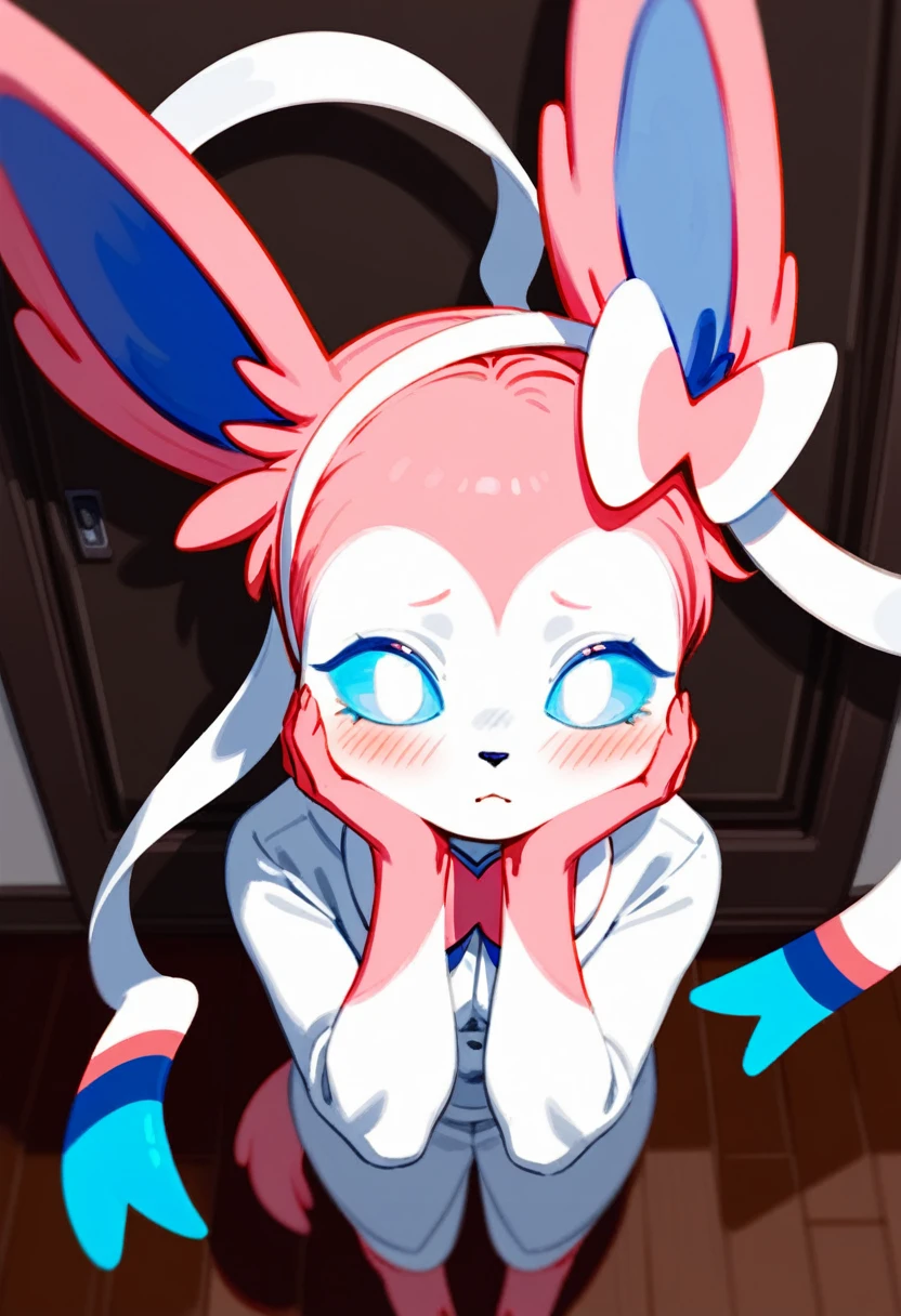 Alone, score_9,score_8_above,score_7_above, a female antro sylveon, calvo, blue sclera, white eyes, inside, shy pose, hands to his face