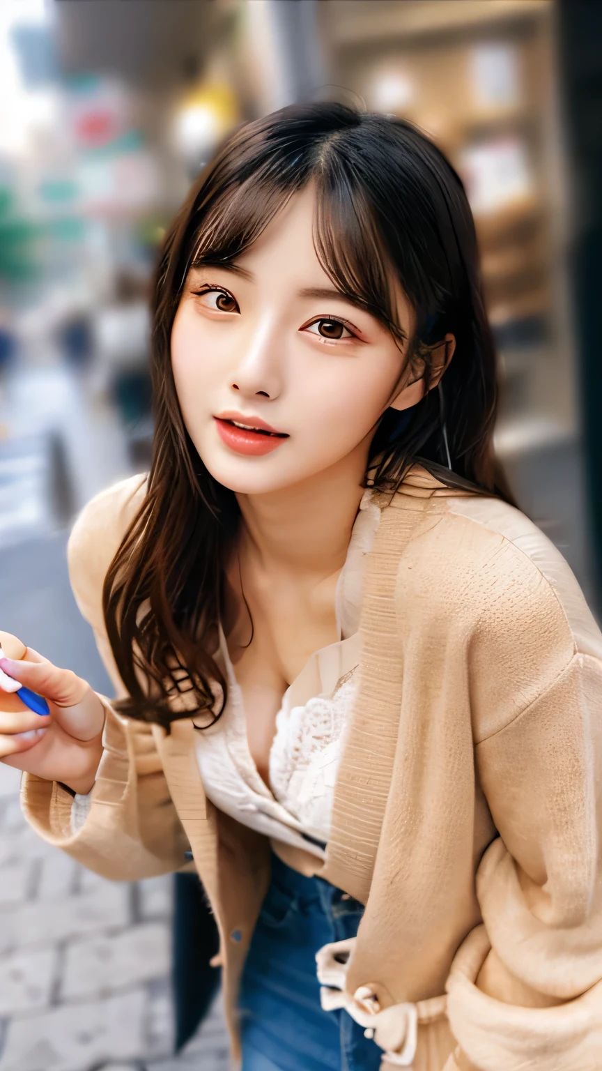 (8K、Raw photo、Highest quality、masterpiece:1.2)、(Realistic、Photorealistic:1.37)、Ultra-detailed、Ultra-high resolution、Beautiful and well-proportioned face,Asian、She has a dildo、Feeling face、Brown long curly hair、Lip gloss(Wet lips、Beautifully detailed skin、Skin Texture、Professional Lighting、Cardigan that accentuates the chest、Denim Skinny、Full body shot、whole body