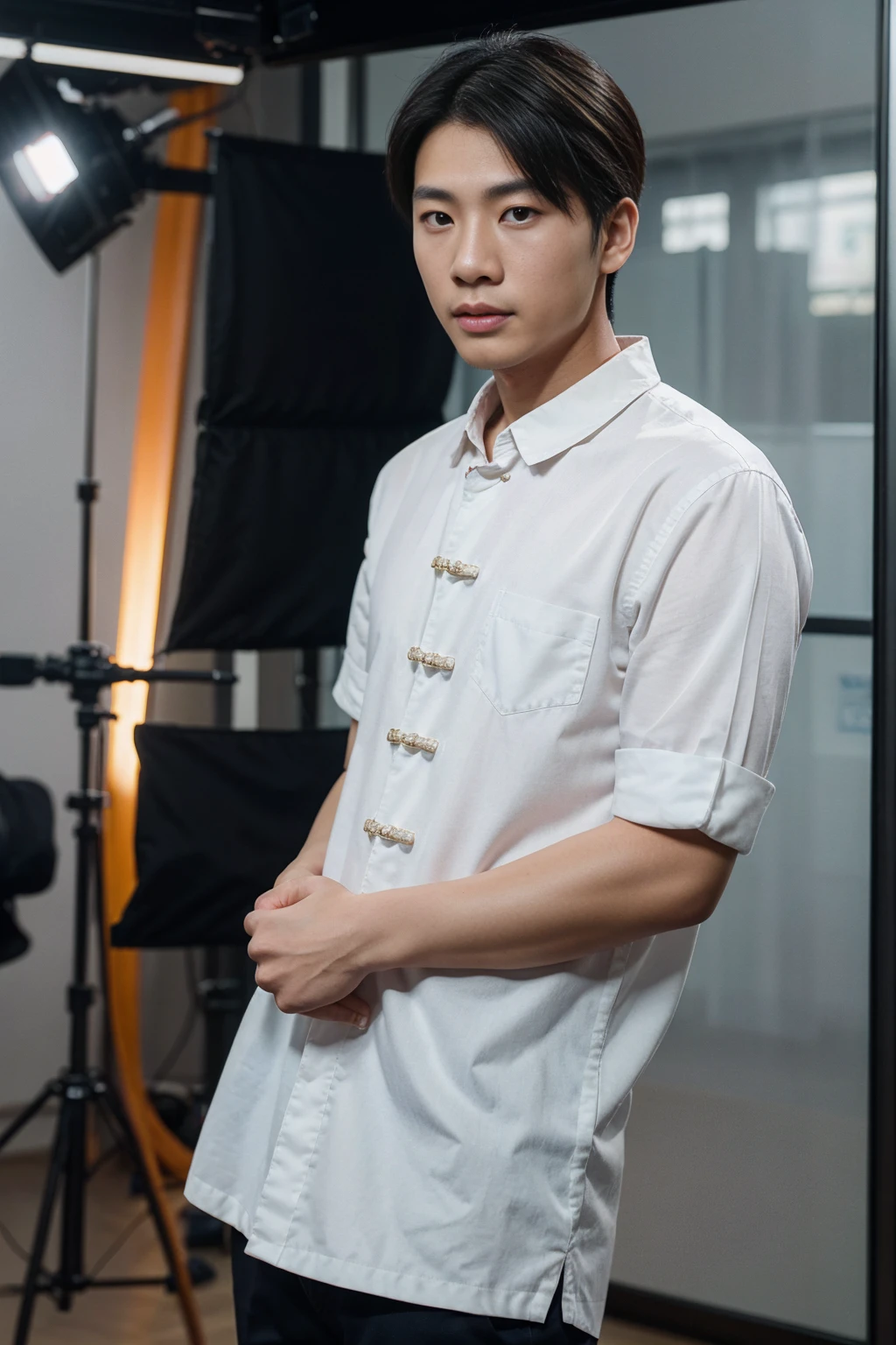 Realistic photography, 8k , handsome young chinese man, In front of camera news studio