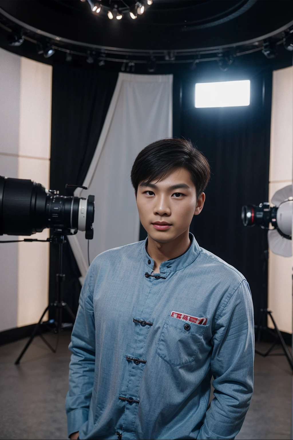 Realistic photography, 8k , handsome young chinese man, In front of camera news studio