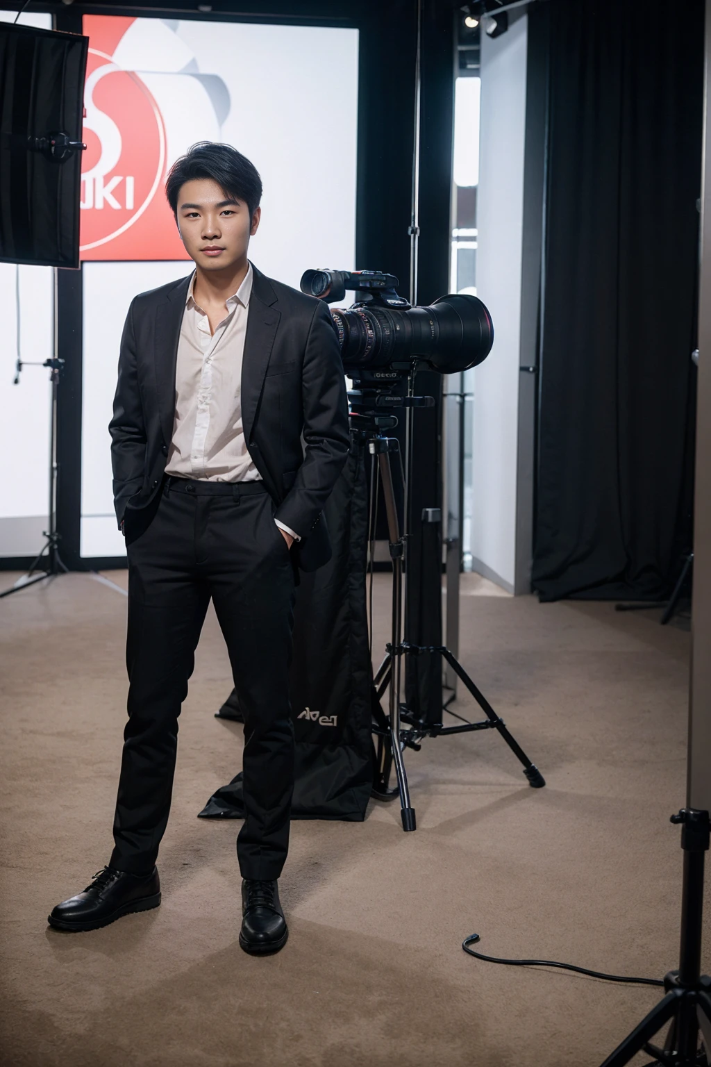 Realistic photography, 8k , handsome young chinese man, In front of camera news studio