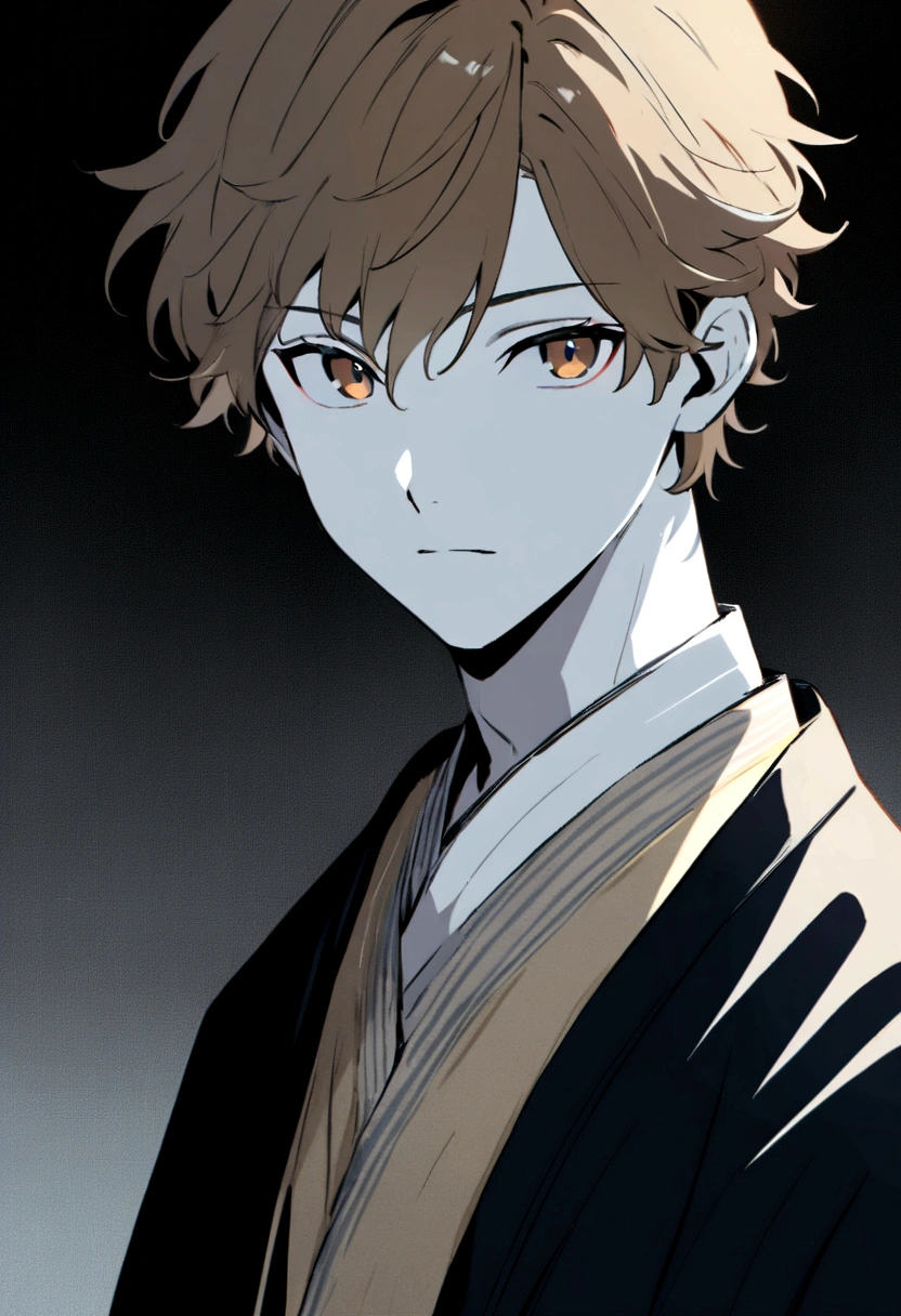 Anime style, boy, grayish brown hair, handsome, teenager, golden brown eyes, white skin, Japanese teenager, random background, eyes facing front, side view, 8k quality, best quality. (In a portrait ratio)