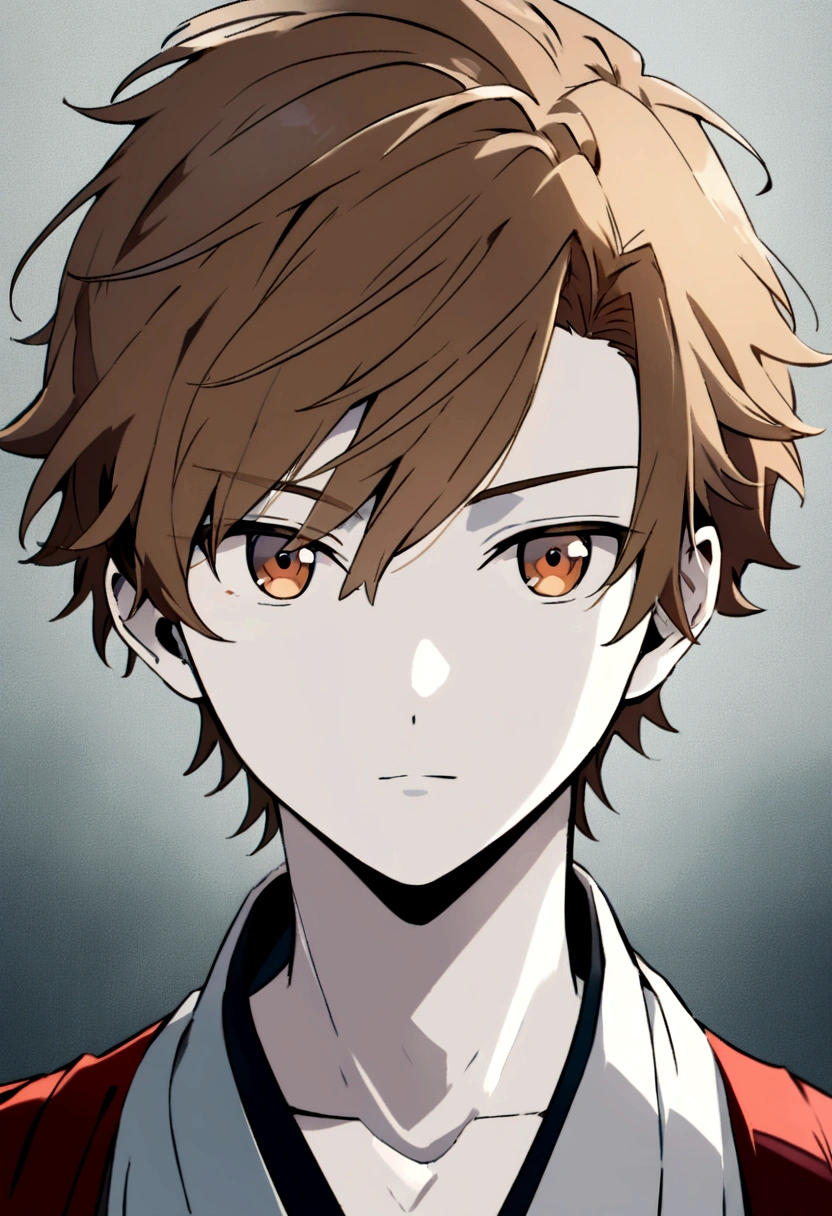 Anime style, boy, grayish brown hair, handsome, teenager, golden brown eyes, white skin, Japanese teenager, random background, eyes facing front, side view, 8k quality, best quality. (In a portrait ratio)