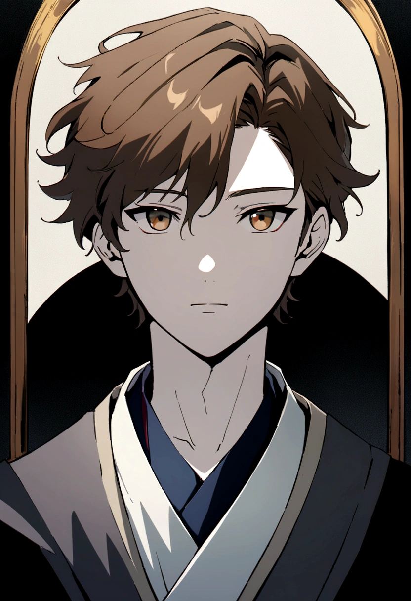Anime style, boy, grayish brown hair, handsome, teenager, golden brown eyes, white skin, Japanese teenager, random background, eyes facing front, side view, 8k quality, best quality. (In a portrait ratio)