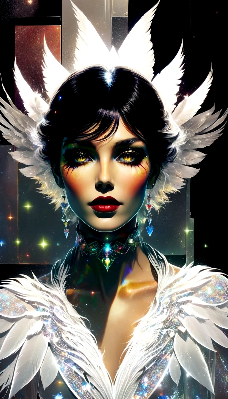 tarot card, Model: long wavy hair, full scarlet dark lips, Smoky eyes, BREAK,, Broken glass, crystals, neon lights, BREAK, Polychromatic geometric patterns,Heart, Arms and legs, BREAK, Accessories: Chrome-plated chains with torn body, Silver Choker, black feathered white black wings, Naked, Topless, naked body,BREAK,on chair, looking forward. tmasterpiece, Masterpiece quality