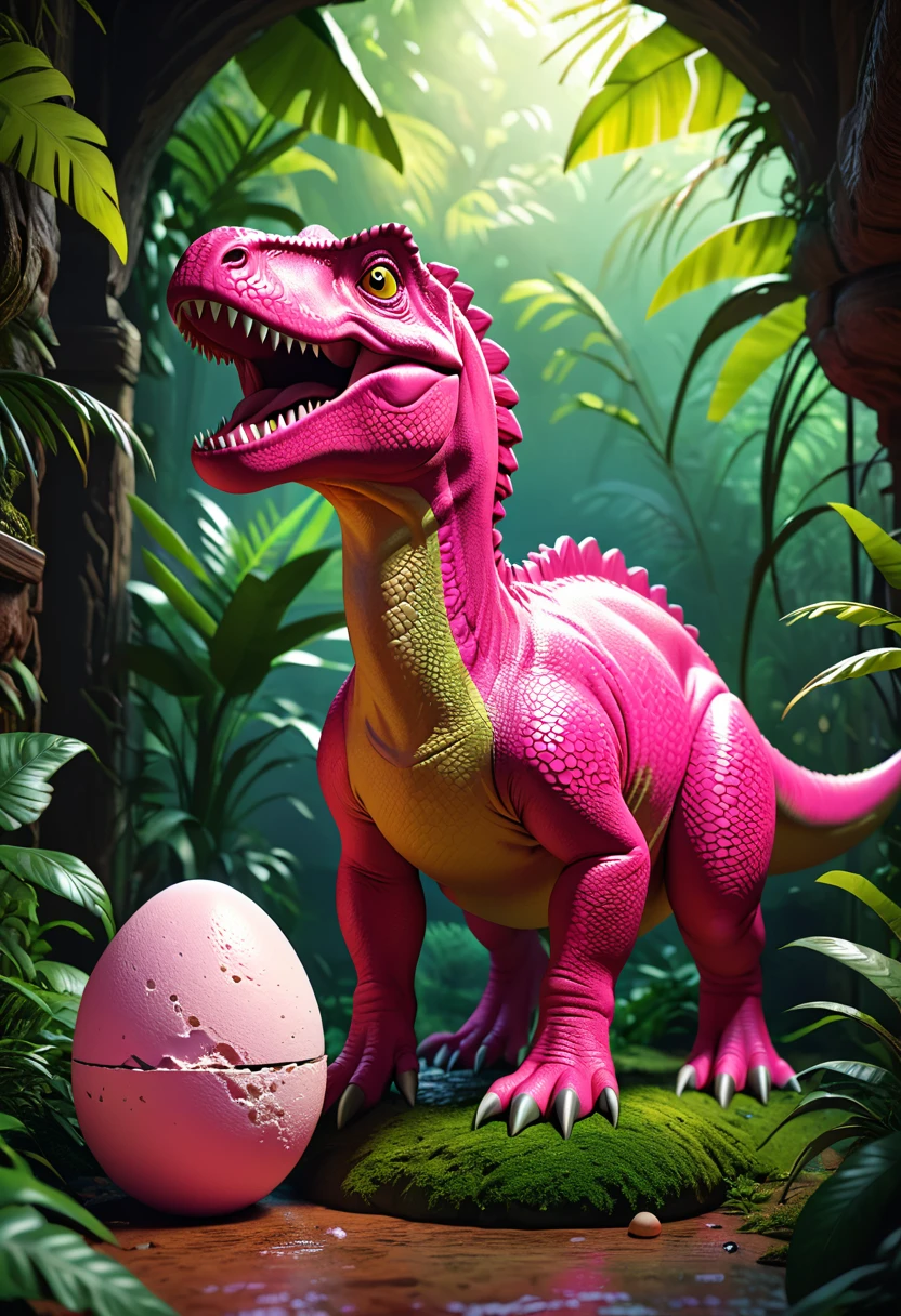 a cute pink tyrannosaurus rex, dinosaur egg, intricate details, hyperrealistic, 8K, extremely detailed, photorealistic, vivid colors, natural lighting, cinematic composition, masterpiece, fantasy, concept art