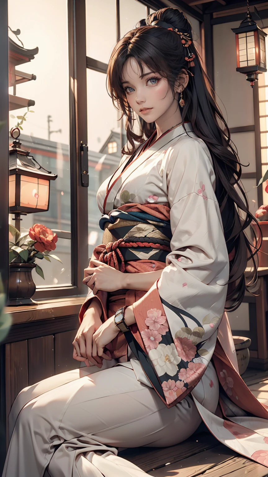 Realistic, alone, Beautiful Japanese Woman, Traditional Kimono, Natural appearance, A kind smile, Impressive Gaze, Traditional hairstyle, Japanese-style room at dusk, Sit by the window, Illuminated by the city lights, (Attractive pose), Professional Photographer, Shallow depth of field, Backlight,24-year-old female、Sexy proportions、Sexy、Narrow waist、Wear waist jewelry、Wear accessories on your wrist、