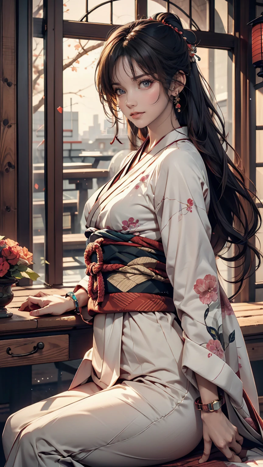 Realistic, alone, Beautiful Japanese Woman, Traditional Kimono, Natural appearance, A kind smile, Impressive Gaze, Traditional hairstyle, Japanese-style room at dusk, Sit by the window, Illuminated by the city lights, (Attractive pose), Professional Photographer, Shallow depth of field, Backlight,24-year-old female、Sexy proportions、Sexy、Narrow waist、Wear waist jewelry、Wear accessories on your wrist、