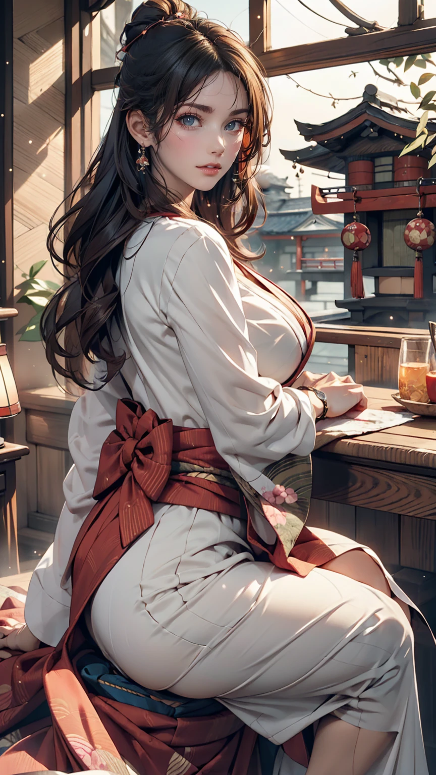 Realistic, alone, Beautiful Japanese Woman, Traditional Kimono, Natural appearance, A kind smile, Impressive Gaze, Traditional hairstyle, Japanese-style room at dusk, Sit by the window, Illuminated by the city lights, (Attractive pose), Professional Photographer, Shallow depth of field, Backlight,24-year-old female、Sexy proportions、Sexy、Narrow waist、Wear waist jewelry、Wear accessories on your wrist、