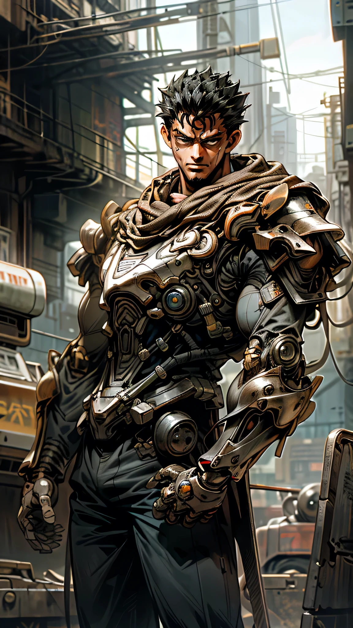 (realistic:1.4), masterpiece, best quality, highly detailed, 1 boy future technolog, (guts:1.4), (berserk:1.4), Mechanical marvel,Robotic presence,Cybernetic guardian, wearing a worn-out mech suit, intricate, (steel metal [rusty]), elegant, huge weapon, clear focus, shot by greg rutkowski, soft lighting, vibrant colors, masterpiece, ((street)), cowboy shot, dynamic pose,