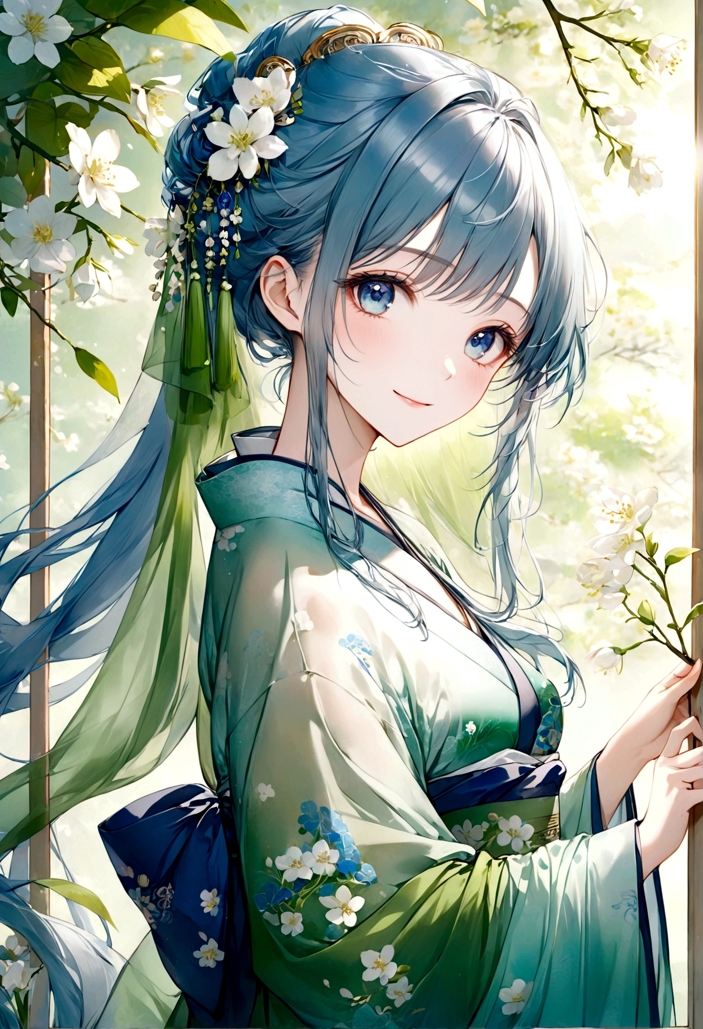 ((top-quality)), ((masterpiece)), ((ultra-detailliert)), (extremely delicate and beautiful), beautiful woman, bright light blue hair, long hair, sapphire blue eyes, traditional chinese hairstyle, wearing beautiful hanfu dress, sheer green hanfu, flowy shawl, shawl is sheer spring green, sweet smile, relaxed expression, fair complexion, delicate white flowers background