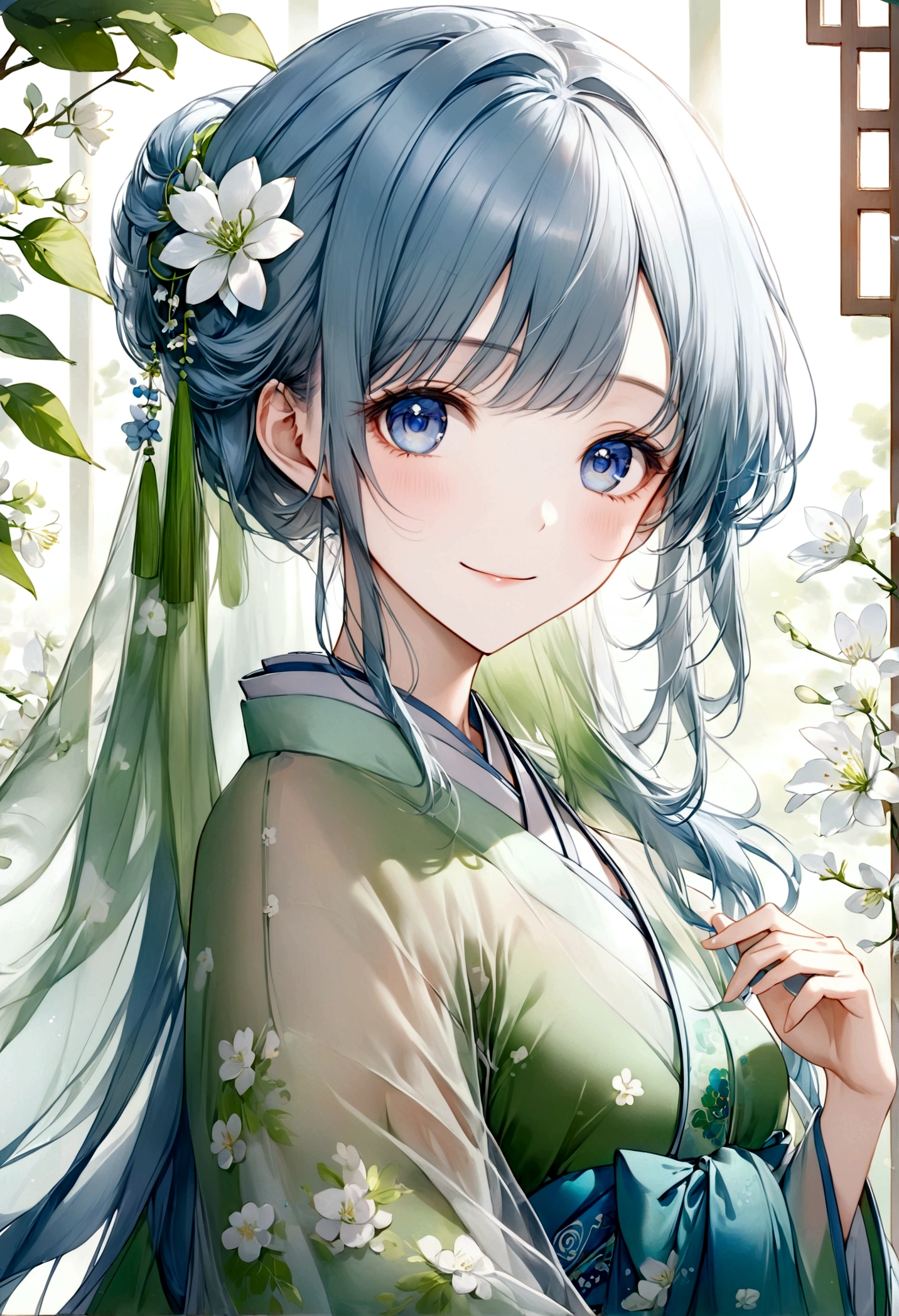 ((top-quality)), ((masterpiece)), ((ultra-detailliert)), (extremely delicate and beautiful), beautiful woman, bright light blue hair, long hair, sapphire blue eyes, traditional chinese hairstyle, wearing beautiful hanfu dress, sheer green hanfu, flowy shawl, shawl is sheer spring green, sweet smile, relaxed expression, fair complexion, delicate white flowers background
