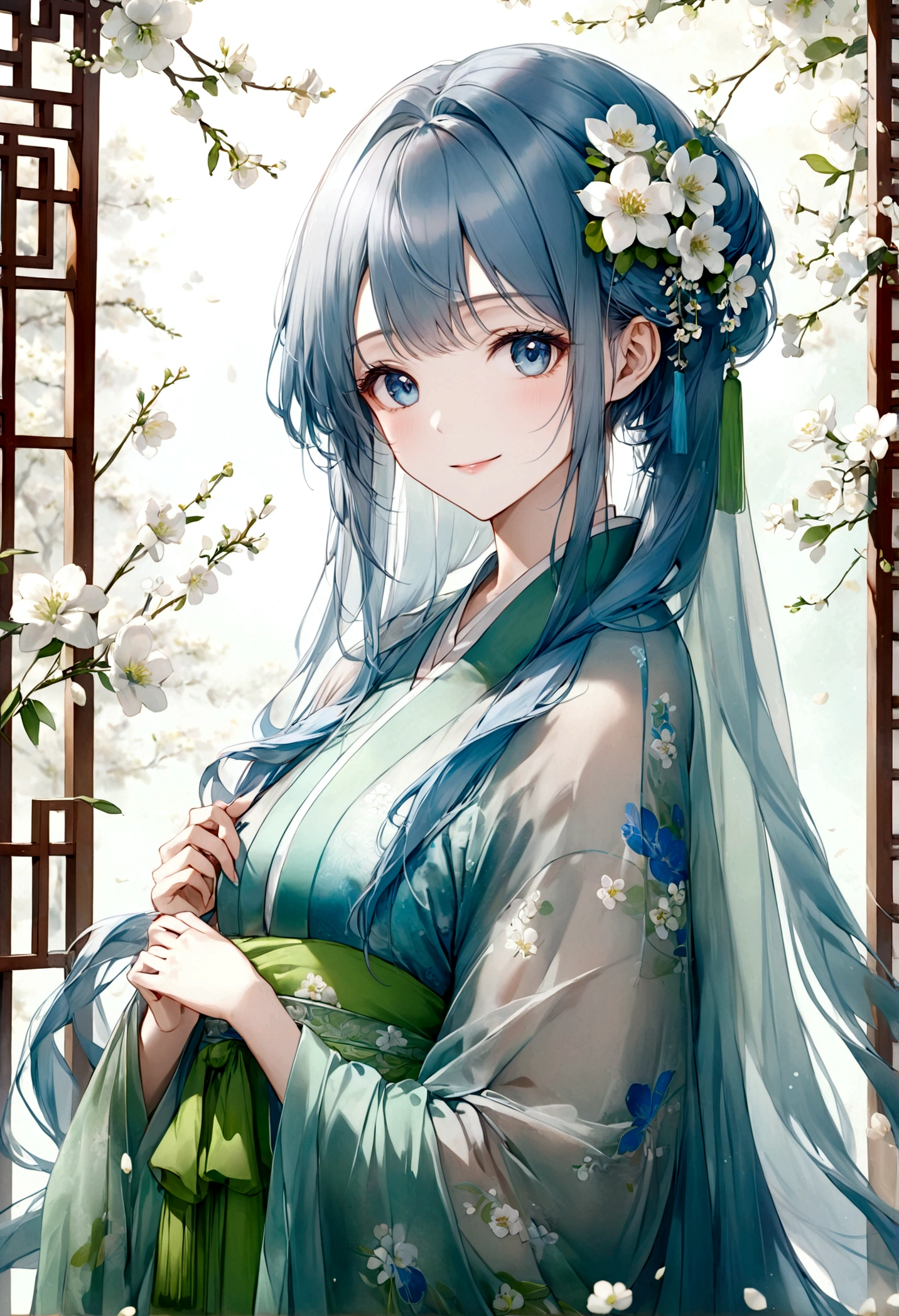 ((top-quality)), ((masterpiece)), ((ultra-detailliert)), (extremely delicate and beautiful), beautiful woman, bright light blue hair, long hair, sapphire blue eyes, traditional chinese hairstyle, wearing beautiful hanfu dress, sheer green hanfu, flowy shawl, shawl is sheer spring green, sweet smile, relaxed expression, fair complexion, delicate white flowers background