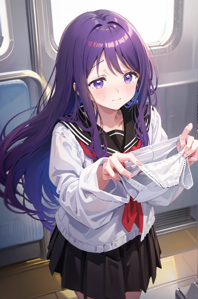 Holding white panties、Black Skirt、Take off the white panties、Smirking face、Blushing、Black Skirt、Light purple hair、Semi-long hair、、Japanese school uniform、schoolgirl、on the train、Strap、、８K,Masterpiece、Light purple hair、Semi-long hair、、Japanese 、、、、、白色のShowing panties、、Blushing、、Showing panties、Pull up your skirt、Blushing、on the train、Strap