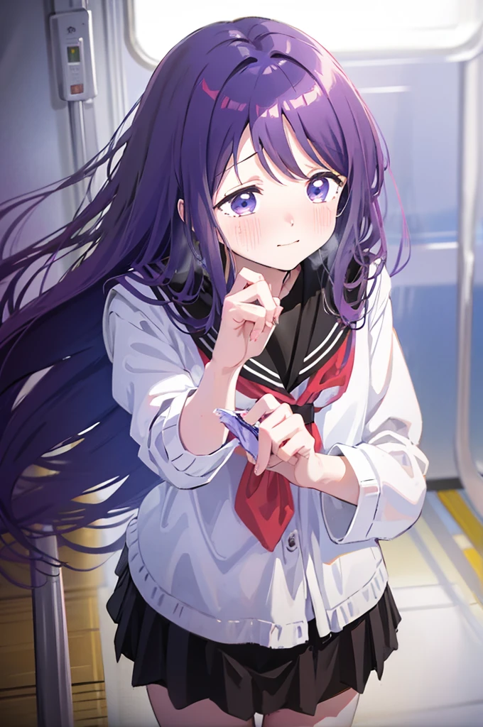 Holding white panties、Black Skirt、Take off the white panties、Smirking face、Blushing、Black Skirt、Light purple hair、Semi-long hair、、Japanese school uniform、schoolgirl、on the train、Strap、、８K,Masterpiece、Light purple hair、Semi-long hair、、Japanese 、、、、、白色のShowing panties、、Blushing、、Showing panties、Pull up your skirt、Blushing、on the train、Strap