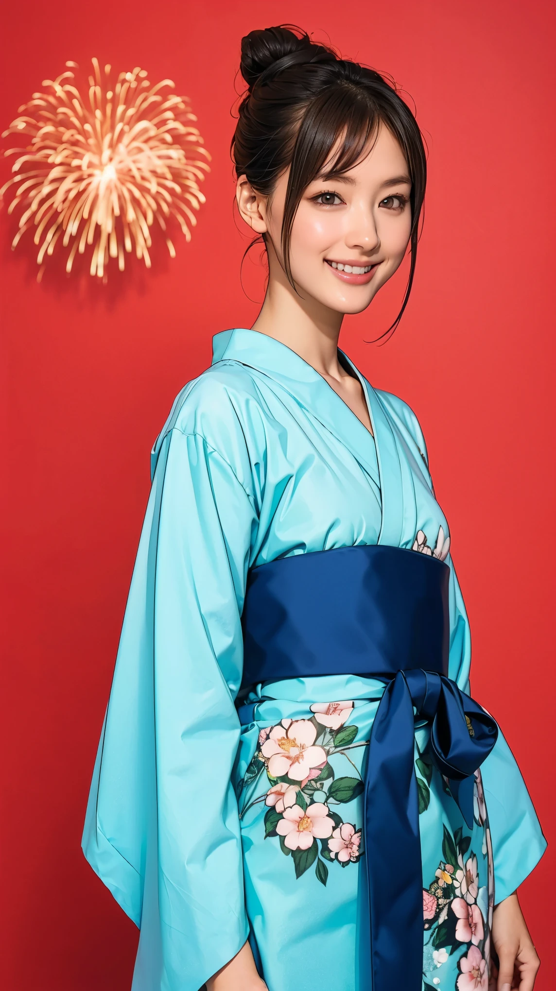 ((masterpiece)),(((Highest quality))),((Character design sheet)),A Japanese yukata with a bright floral and flower pattern in a combination of light blue and navy blue.:1.5,Stylish sandals:1.5,The best smile:1.5,Upper Body Shot:1.5,Night fireworks background:1.5,Flashy makeup with red eyeshadow:1.5,Bun Hair:1.5,