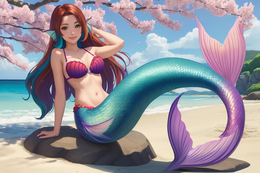 masterpiece, best quality:1.2), 1girl, smile, looking at viewer, green eyes, short brown multicolored hair, mermaid, mermaid girl, wearing purple seashell bra, laying on beach, colorful mermaid tail, outdoors, head fins, fin ears, under cherry blossoms