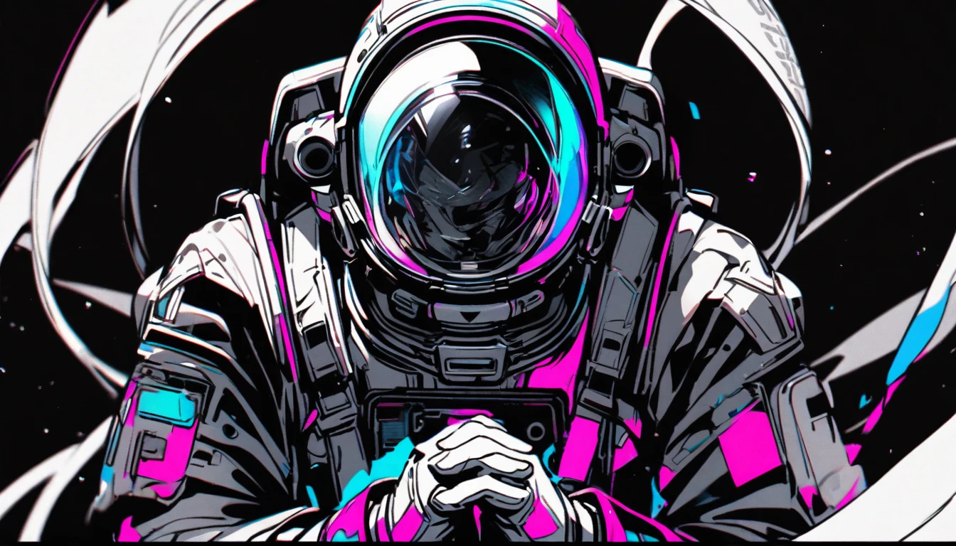an astronaut, black background, front view, prayer with both hands, black and white image, neon color