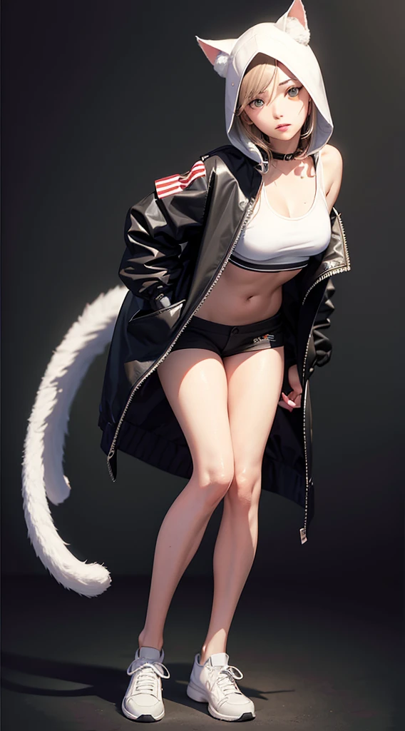 ((masterpiece, Highest_quality)), One girl, (Realistic:1.4), alone, white_background, brown_hair, length_hair, absolute_ryouiki, ((full_body)),Large hooded jacket_The zipper is closed only at the bottom、The belly button is visible、Short tank top_black、Cat ear、It has a big tail、Big sneakers((Hands out in front))、((Leaning forward))