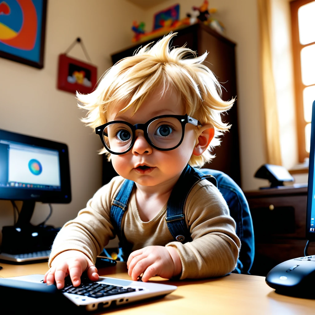 (style de film photo), gros plan, portant des lunettes de soleil regardant un ordinateur portable, animation scene, anthropomorphe, cute little baby boy blond hair, , dans sa chambre, étudier, 2D, coloré, Ambiance chaleureuse, brillant, Jean-Baptiste Monge style, À la manière d'Alan Lee