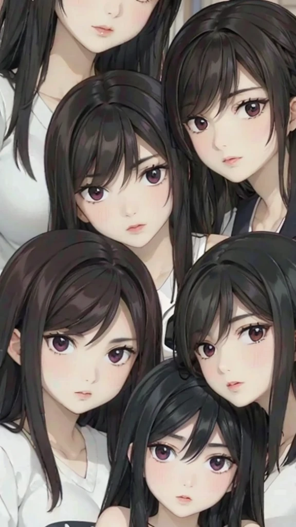 Mommy with 4 daughters,black hair, long hair, messy hair, hair between eyes, chubby cheek,Sexy lips, pucker lips