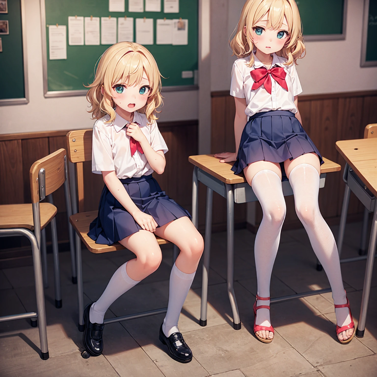 Highest quality,Highest quality,One Girl,One boy,((((10 years old)))),Flat Chest,orgasm,blush, Sweat, Sakurai Momoka,blonde,White Sarah Outfit,Navy Blue Skirt, It is not a pleated skirt,whole body,classroom, White Pantyhose、Navy Blue Skirtをめくる、Spread your legs