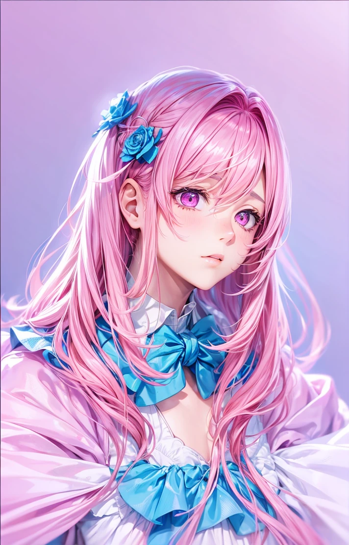 Effeminate boy with big pink hair, with pink eyes, high resolution, with a gentle and shy face