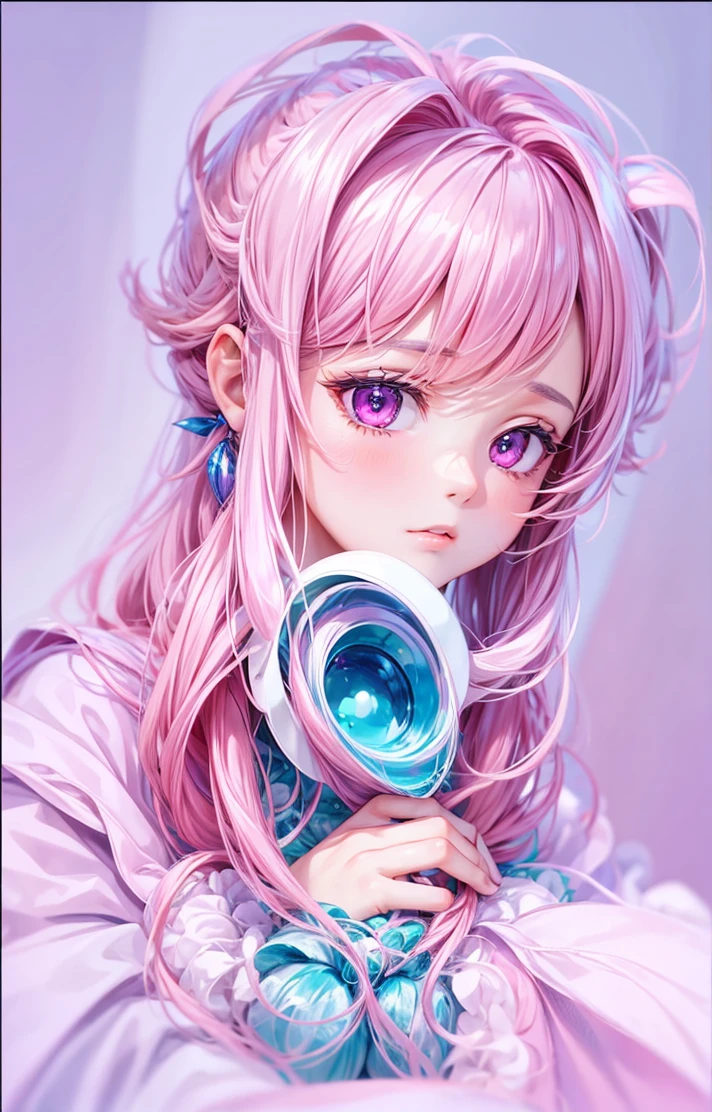 Effeminate boy with big pink hair, with pink eyes, high resolution, with a gentle and shy face 