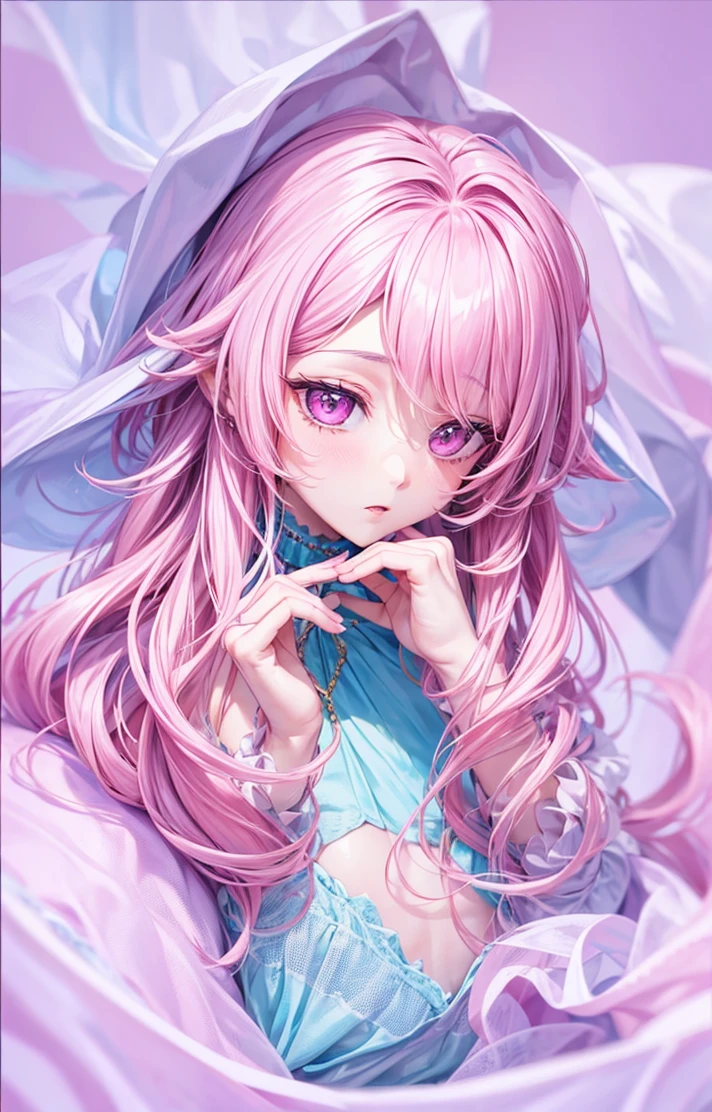 Effeminate boy with big pink hair, with pink eyes, high resolution, with a gentle and shy face