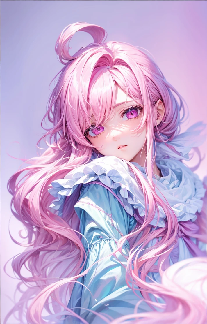 Effeminate boy with big pink hair, with pink eyes, high resolution, with a gentle and shy face 