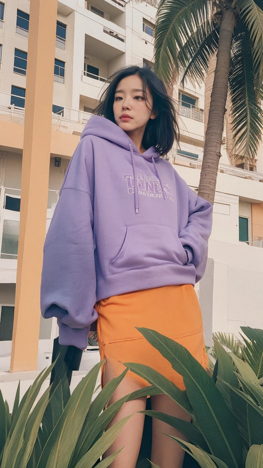 A woman wearing a pink sweatshirt and black pants is walking down the street, mid shot Portraiture, Wear athletics clothing, Japanese Streetwear, Chiho, wearing a tracksuit, full body!!, Complex!!, 🚿🗝📝, She wears streetwear, Cute Sportswear, full_body!!, tsubasa nakai's style, Portraiture!!, Vibrant colors!!