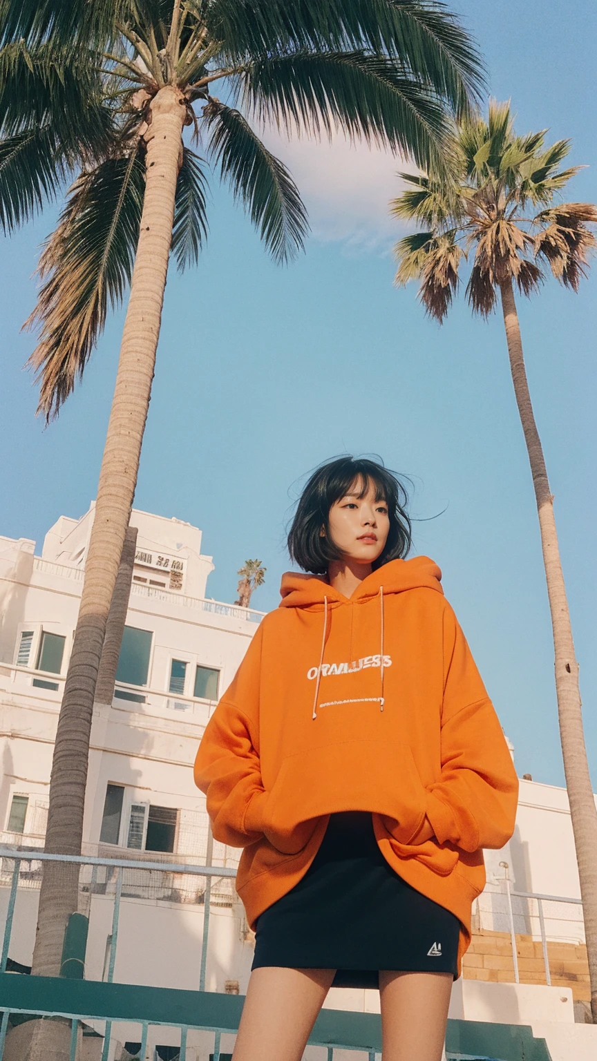 1 girl, wear ((orange oversized hoodie)), (purple tennis skirt),Best Quality,Masterpiece,Ultra High Resolution,(Realisticity:1.4),Original Photo, 1Girl, light leak,dark intens shadow,ultra high resolution,UHD,beautiful, black bob hair, almond eye, no makeup, in front of 80's architecture colorful motel, (from below:1.2), (realistic:1.2), (surreal:1.3), (very detailed:1.1), ((masterpiece)),summer, blue sky, palm trees,sunny, los angles vibes