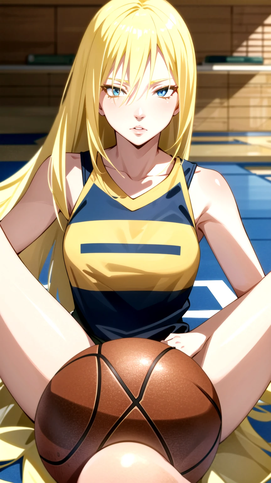 Masterpiece, best quality, very detailed, Ultra high resolution, (photorealistic:1.4), raw photos, (realistic:0.2), 1 girl, alone, long hair,,8k hdr, 1 girl,Blonde hair,  medium-large breast, bright eyes,, medium-small breasts,Wear a basketball shirt ,Spread your legs, Basketball courts